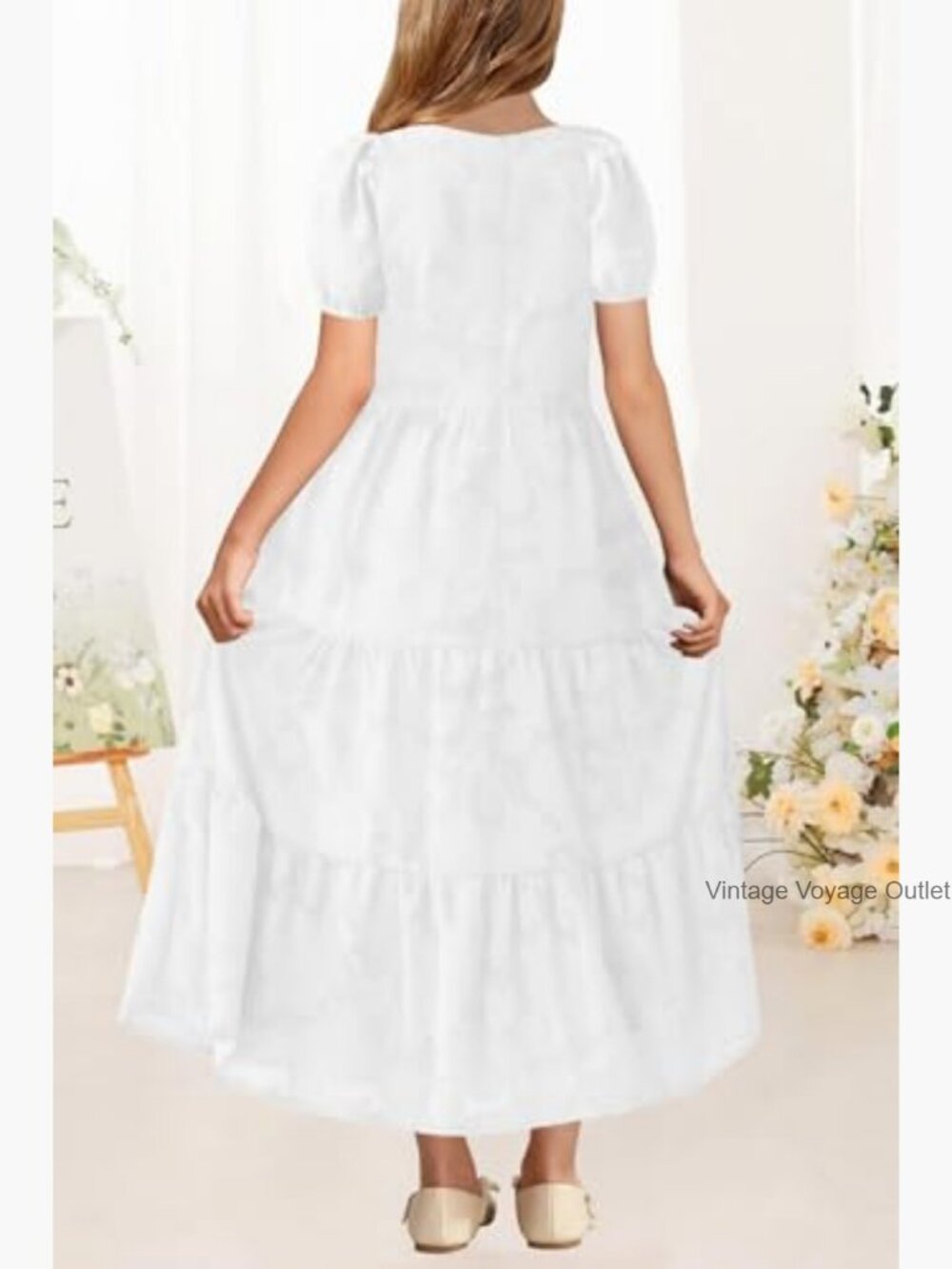 Girls Flowy A-Line Maxi Dress with Pockets Short Sleeve - Picture 3 of 7